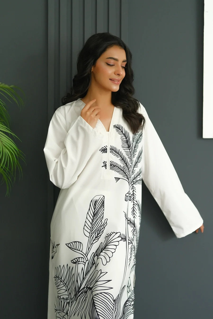 Eden Noir Co-ord Set – White with Black Botanical Print