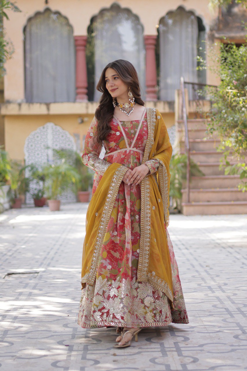 Premium Alia-Cut Russian Silk Gown With Embroidered Dupatta – Ready to Wear Luxury Set