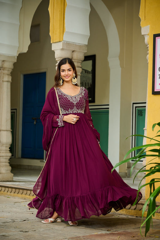 Luxury Wine Embroidered Gown with Dupatta – Beads & Lace Detailing