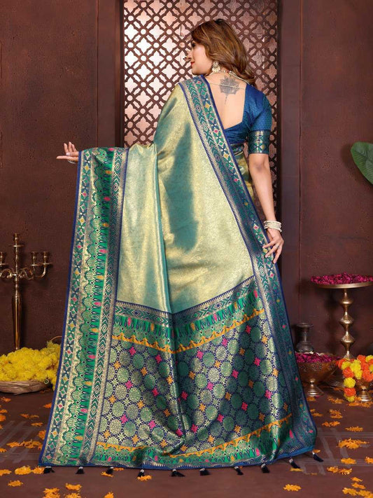 LayrLuxe “Royal Alankar Banarasi Soft Silk Saree” – Rich Woven Design with Contrast Border & Grand Pallu