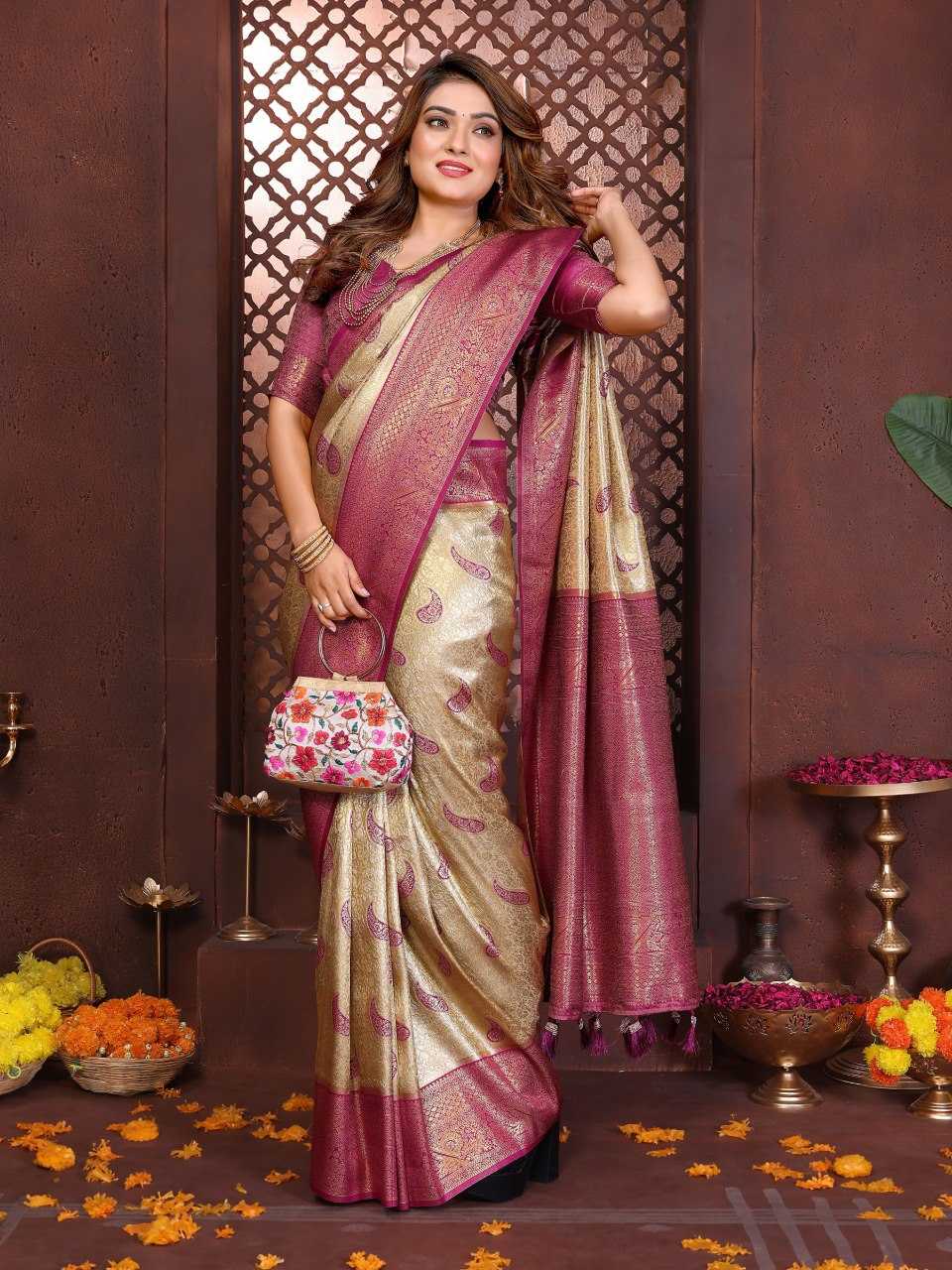 LayrLuxe “Aneri Royale Banarasi Soft Silk Saree” – Golden Body with Rich Contrast Maroon Weaving