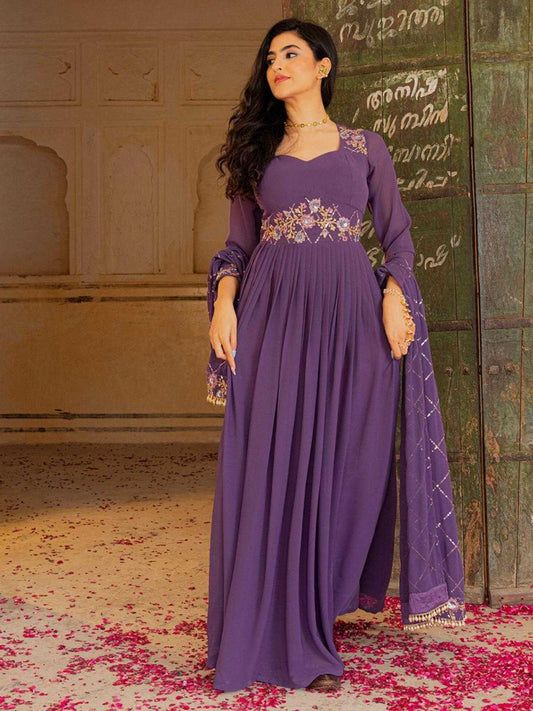 LayrLuxe “Royal Amethyst Georgette Gown Set” – Embroidered Gown with Dupatta