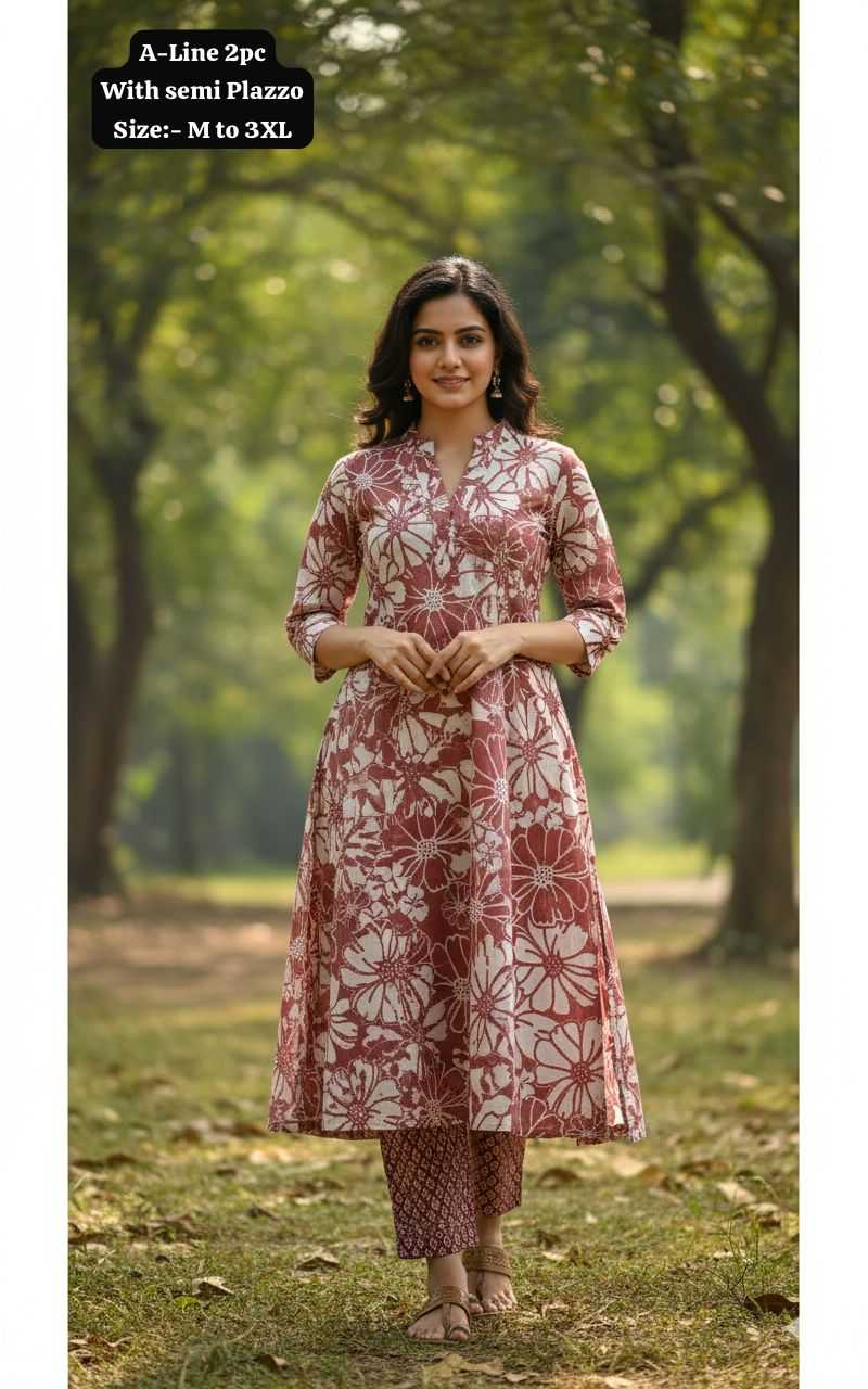 Heavy Maslin A-Line Kurti Set – Olive Floral Elegance Edition