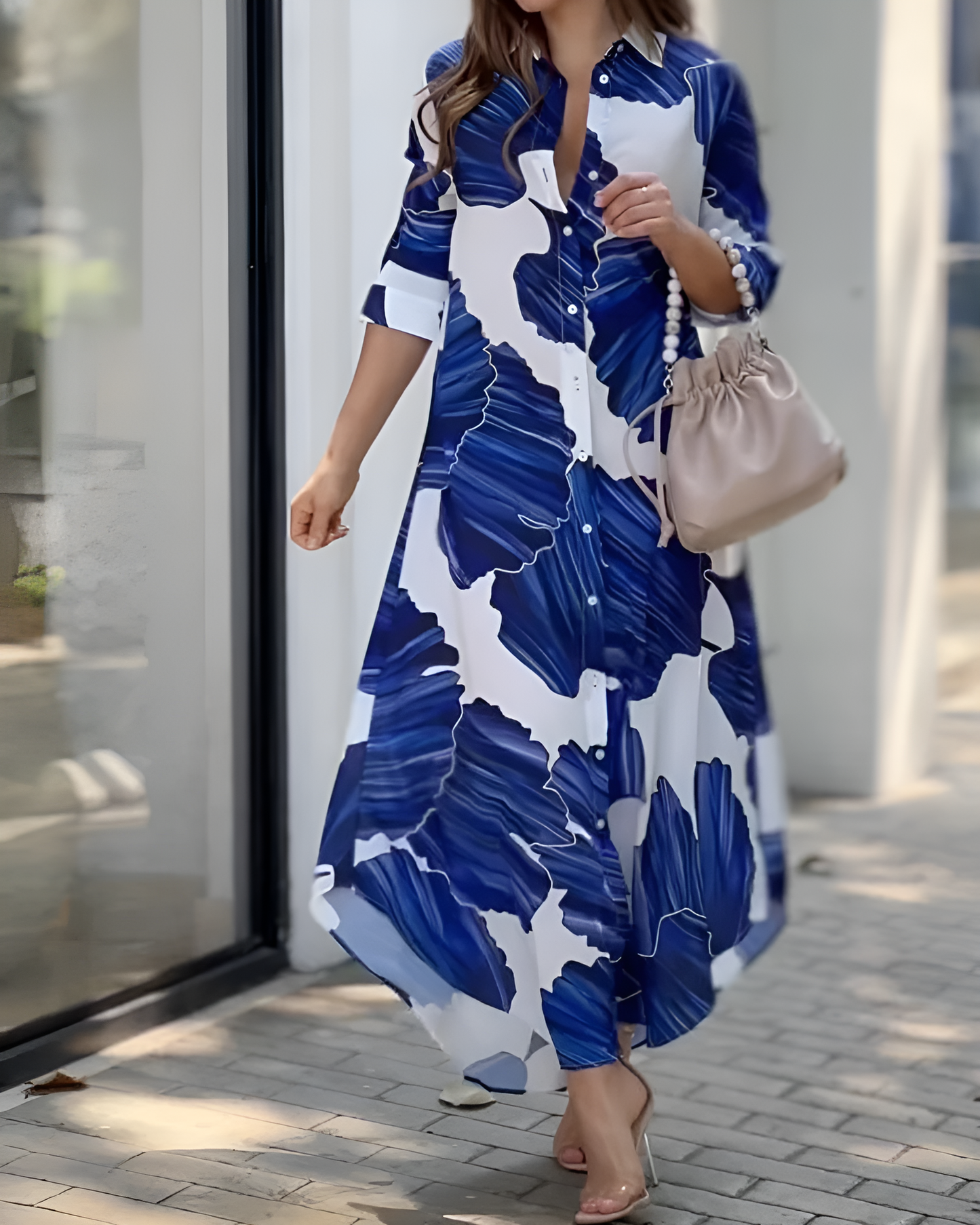 Ocean Bloom Abstract Maxi Shirt Dress – Blue & White