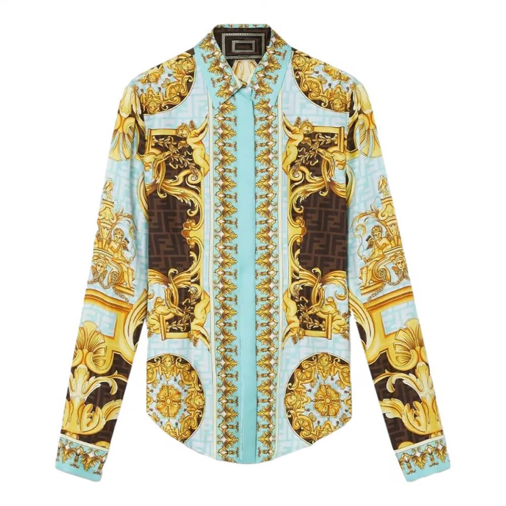 Baroque Luxe Satin Co-ord Set – Turquoise & Gold