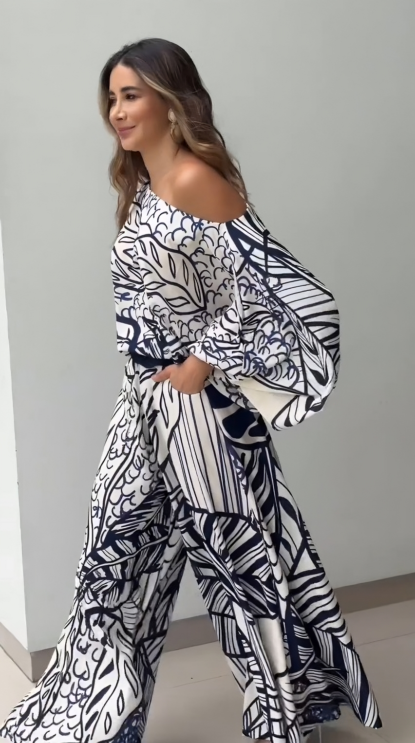 Azure Bloom One-Shoulder Printed Co-ord Set – White & Navy
