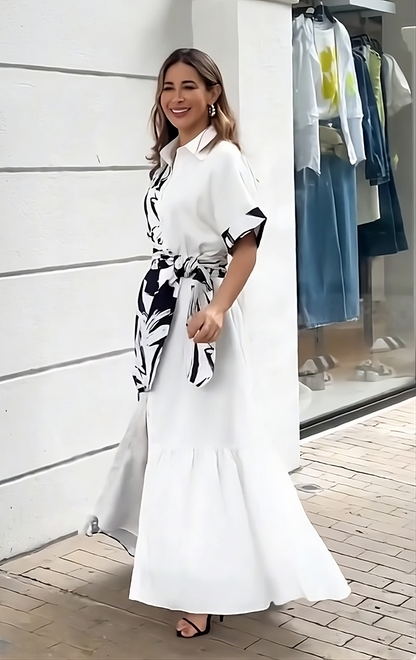 Monochrome Bloom Belted Maxi Shirt Dress – Black & White