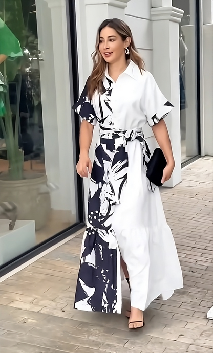 Monochrome Bloom Belted Maxi Shirt Dress – Black & White