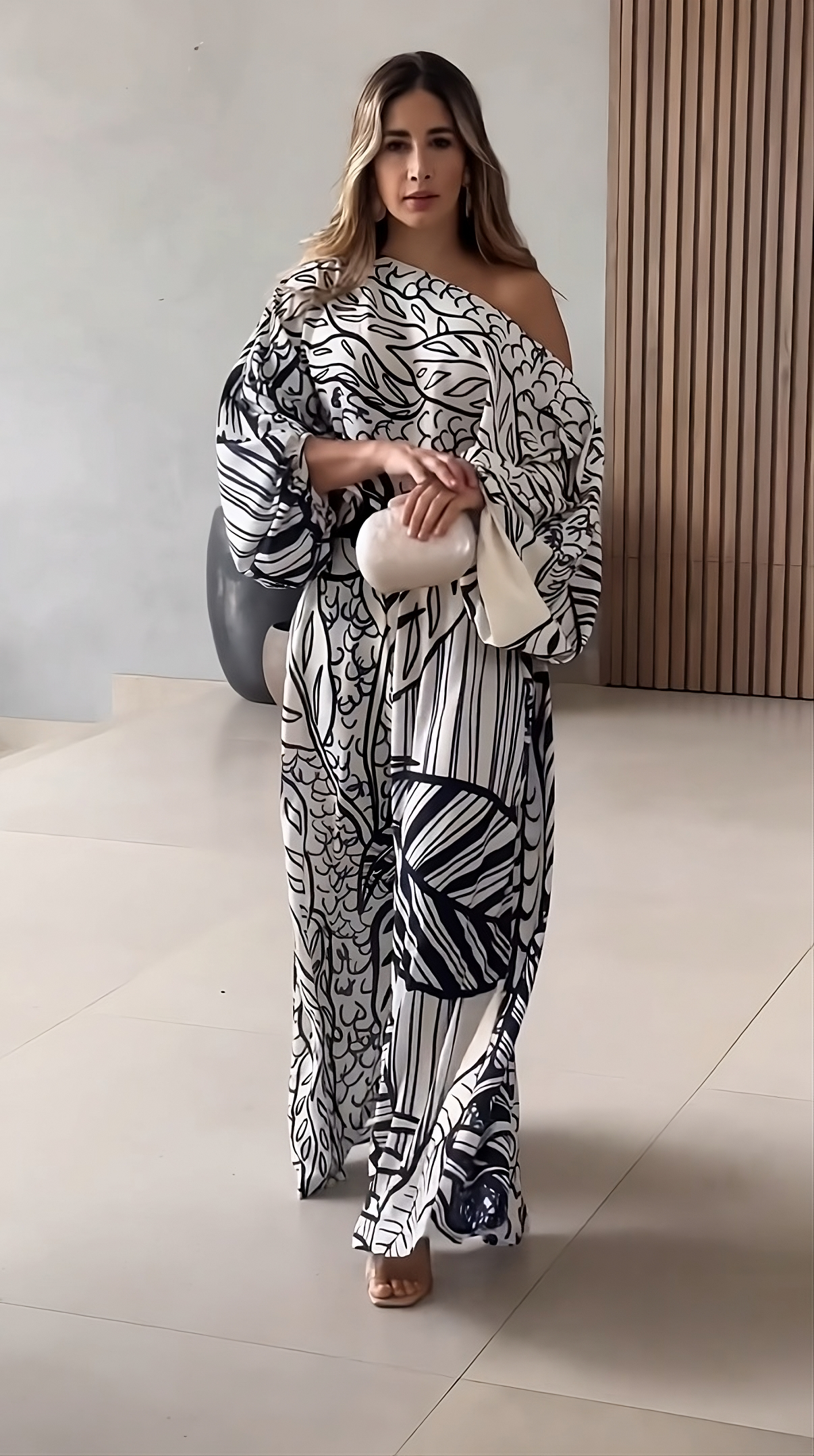 Azure Bloom One-Shoulder Printed Co-ord Set – White & Navy