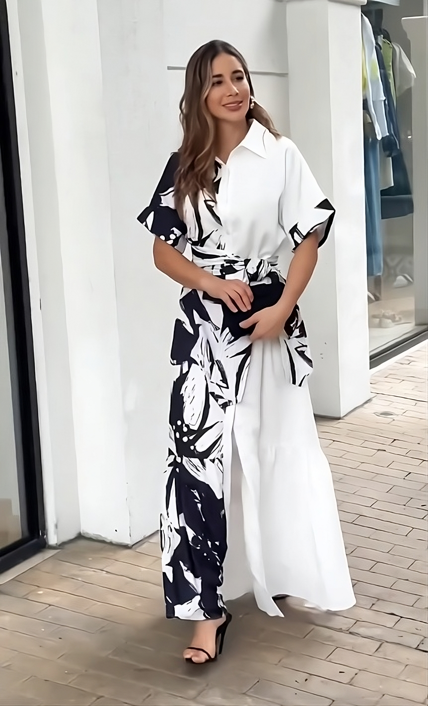 Monochrome Bloom Belted Maxi Shirt Dress – Black & White