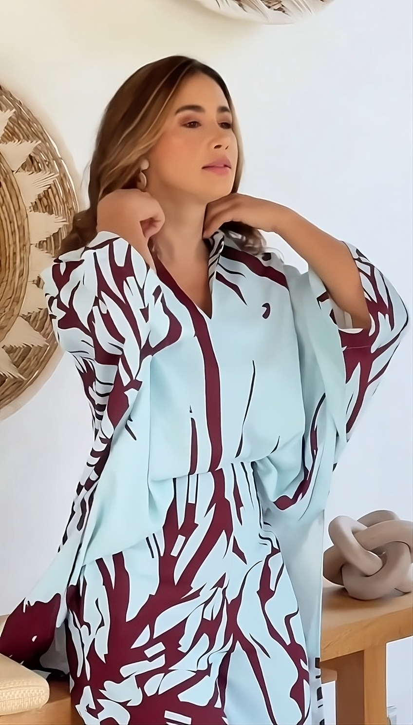 Celeste Wave Printed Co-ord Set – Sky Blue & Maroon