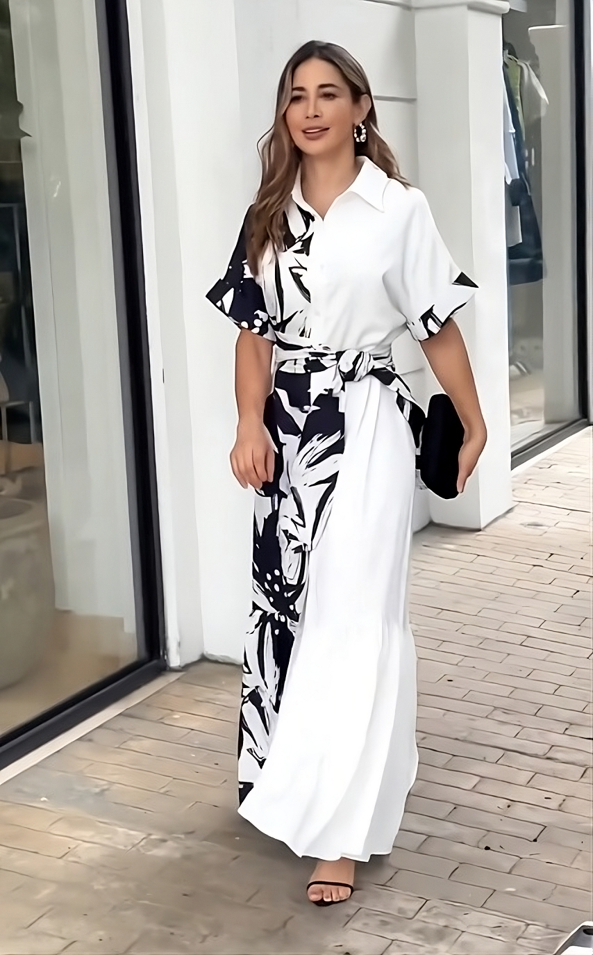 Monochrome Bloom Belted Maxi Shirt Dress – Black & White