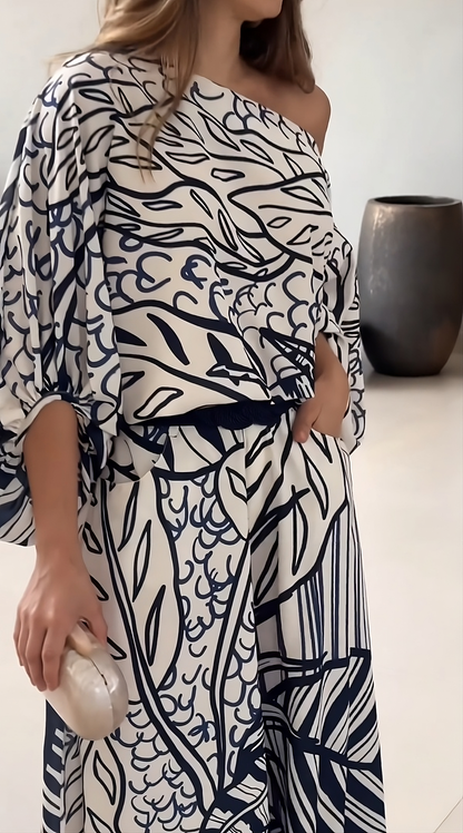 Azure Bloom One-Shoulder Printed Co-ord Set – White & Navy