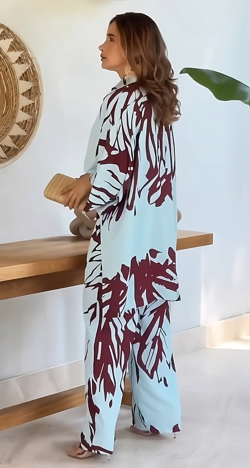 Celeste Wave Printed Co-ord Set – Sky Blue & Maroon