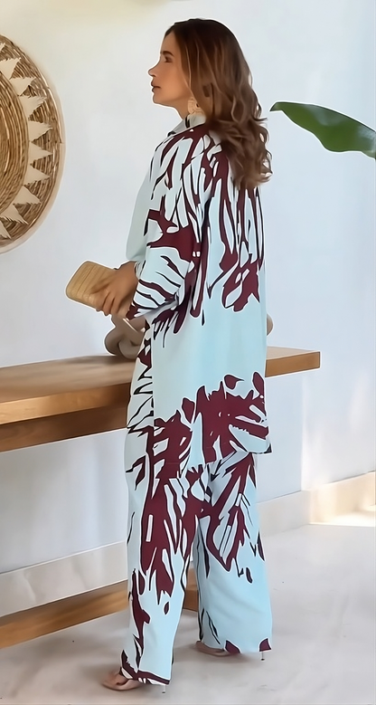 Celeste Wave Printed Co-ord Set – Sky Blue & Maroon