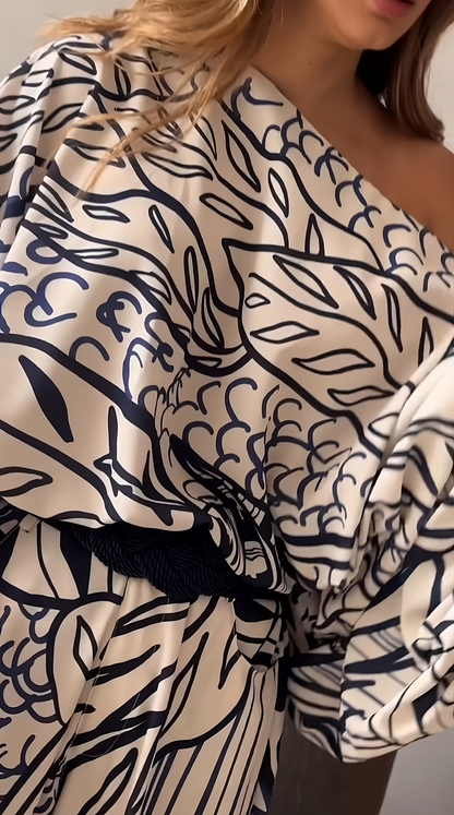 Azure Bloom One-Shoulder Printed Co-ord Set – White & Navy