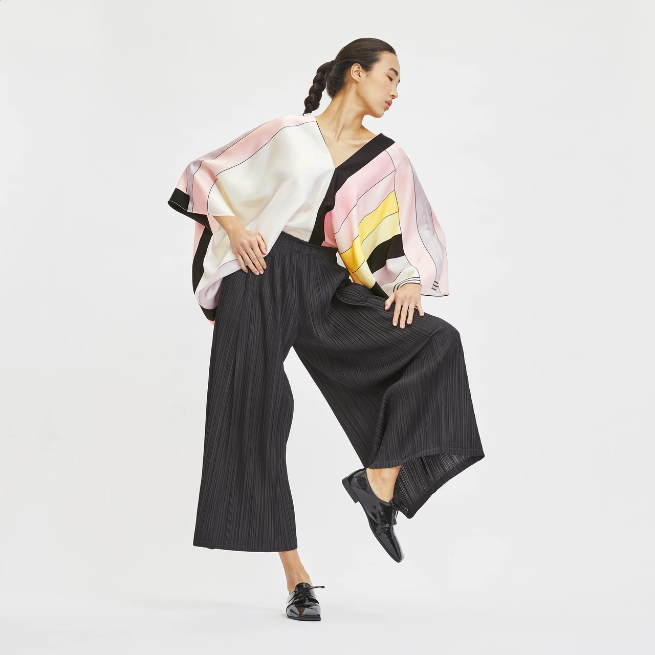Pastel Wave Silk Kaftan Top with Black Pleated Wide-Leg Pants