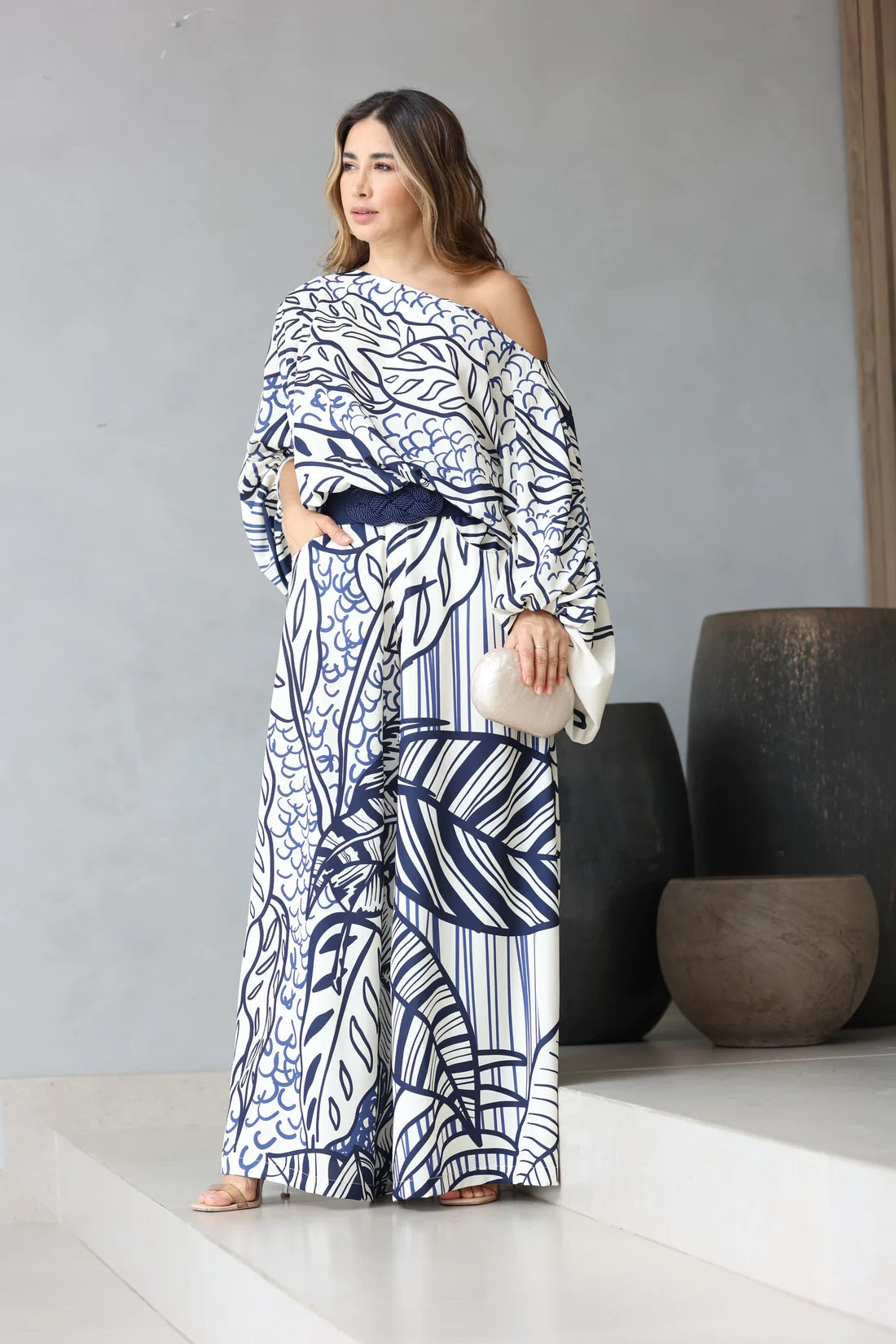 Azure Bloom One-Shoulder Printed Co-ord Set – White & Navy
