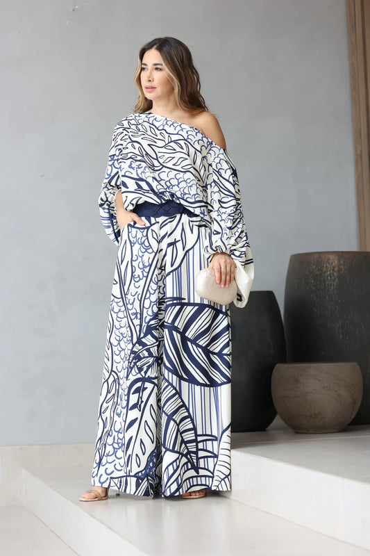 Azure Bloom One-Shoulder Printed Co-ord Set – White & Navy