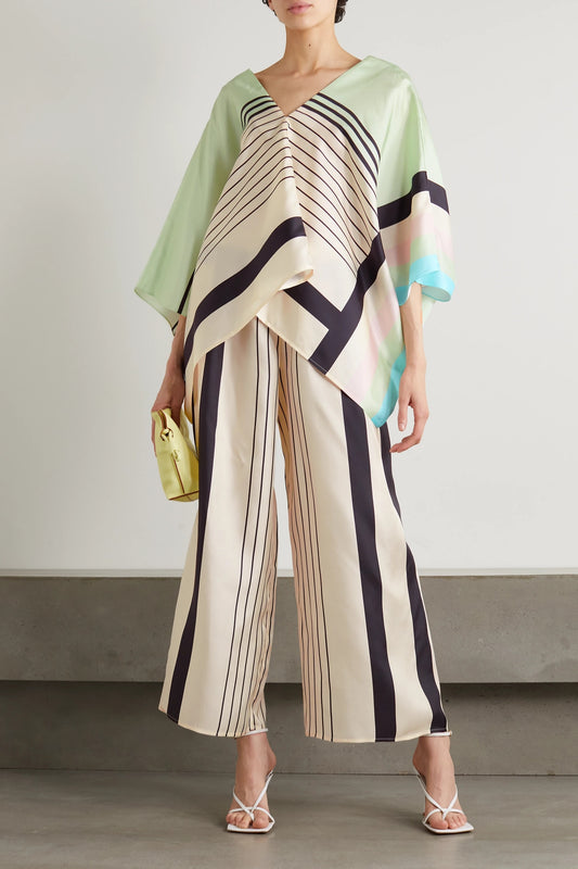 Mint Green & Ivory Striped Silk Co-ord Set (Kaftan Top & Wide-Leg Pants)