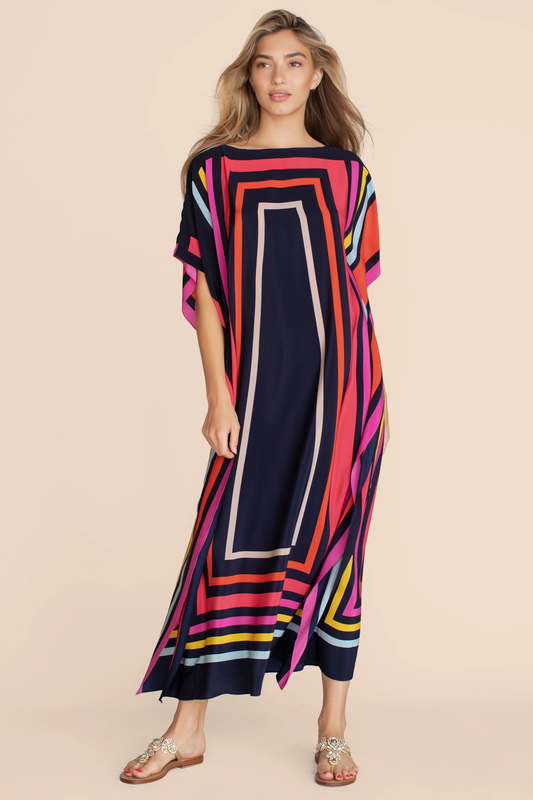 Navy Blue Multicolor Graphic Stripe Kaftan