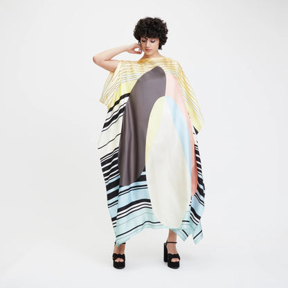 Pastel Wave Silk Kaftan Dress – Abstract Elegance