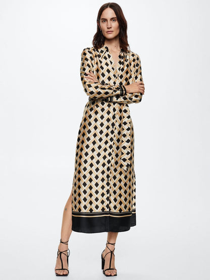 Golden Maze Satin Shirt Dress – Black & Gold