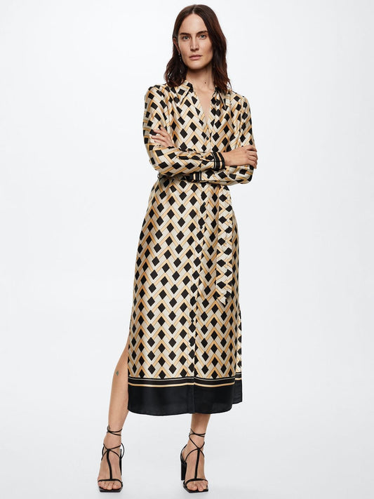 Golden Maze Satin Shirt Dress – Black & Gold