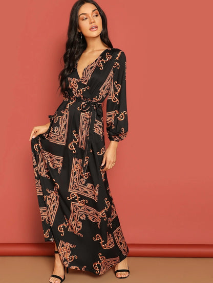 Midnight Muse Wrap Maxi Dress – Baroque Print Elegance
