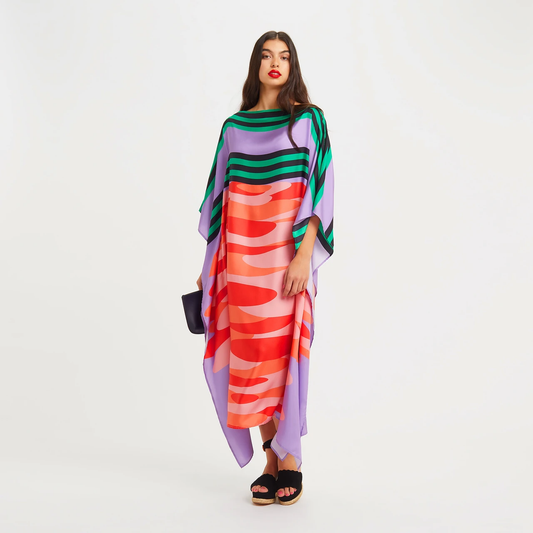 Vibrant Lilac & Coral Striped Abstract Kaftan
