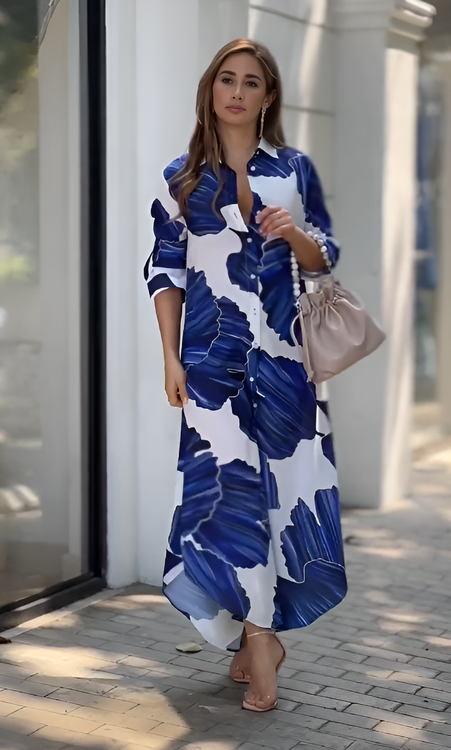 Ocean Bloom Abstract Maxi Shirt Dress – Blue & White