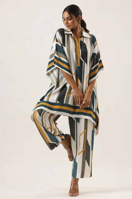 Urban Mirage Kaftan Co-ord Set – Mustard, Teal & Ivory