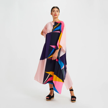 Elegant Pink & Navy Geometric Print Kaftan