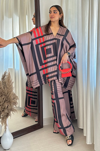 Bronze & Navy Geometric Silk Co-ord Set (Kaftan Top & Wide-Leg Pants)