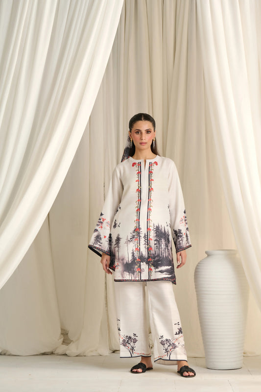 Mystic Forest Co-ord Set – Ivory with Monochrome Nature Print