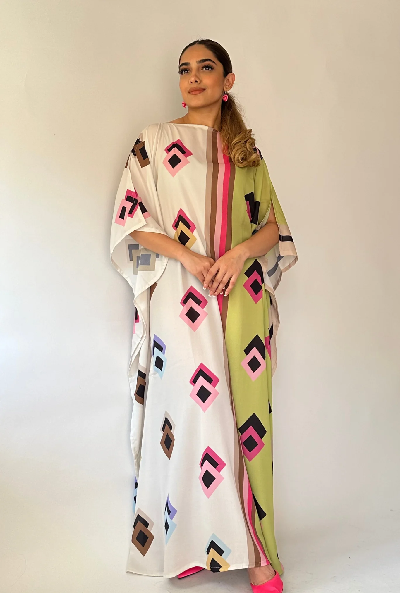 Neon Geo Silk Kaftan Dress – Vibrant Luxe Edition