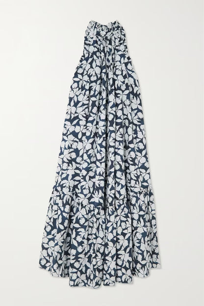Midnight Bloom Halter Maxi Dress – Navy & White Floral