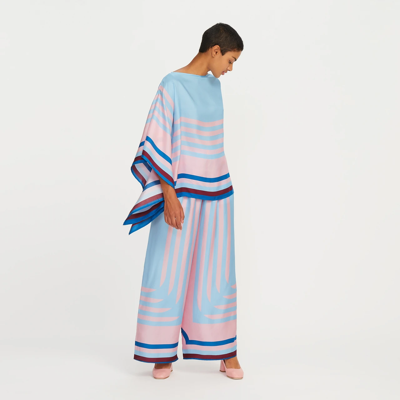 Pastel Blue & Pink Striped Silk Co-ord Set (Kaftan Top & Wide-Leg Pants)