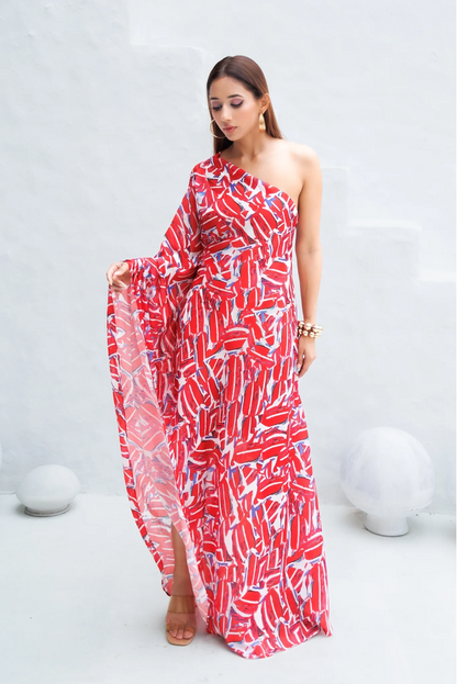 Scarlet Muse One-Shoulder Draped Gown – Bold, Elegant & Effortlessly Modern