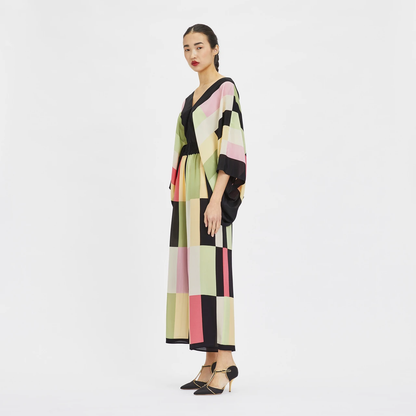 Multicolor Block Print Silk Co-ord Set (V-Neck Kaftan Top & Wide-Leg Pants)