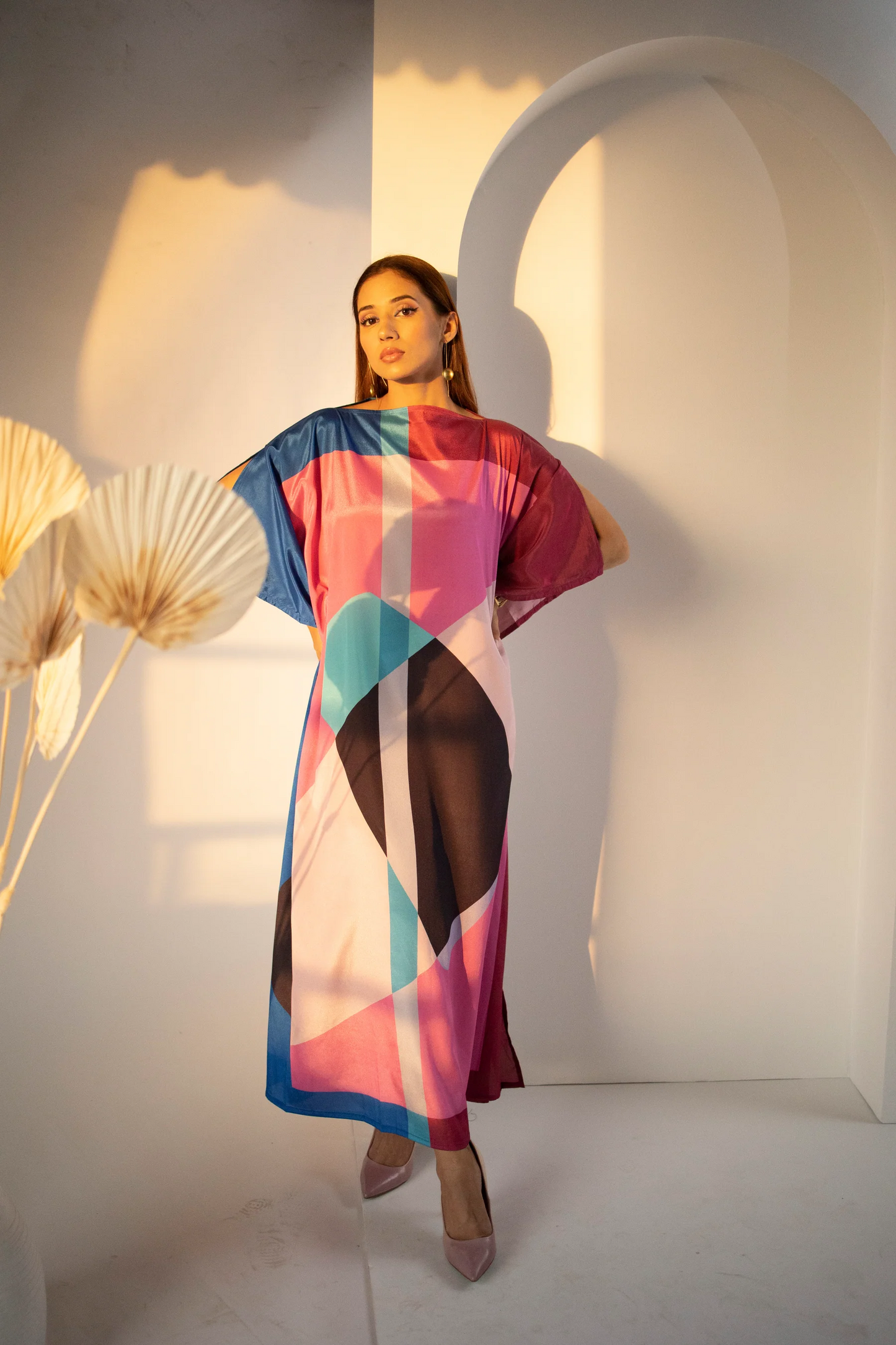 Abstract Multicolor Luxe Satin Kaftan