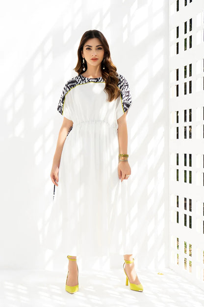 White Ikat Trim Midi Dress – Effortless Summer Elegance