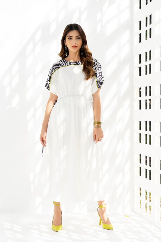 White Ikat Trim Midi Dress – Effortless Summer Elegance