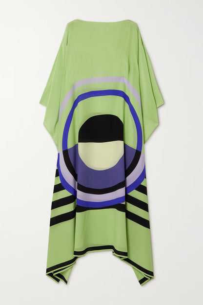 Lime Mirage Silk Kaftan Dress – Bold Geometry, Effortless Elegance