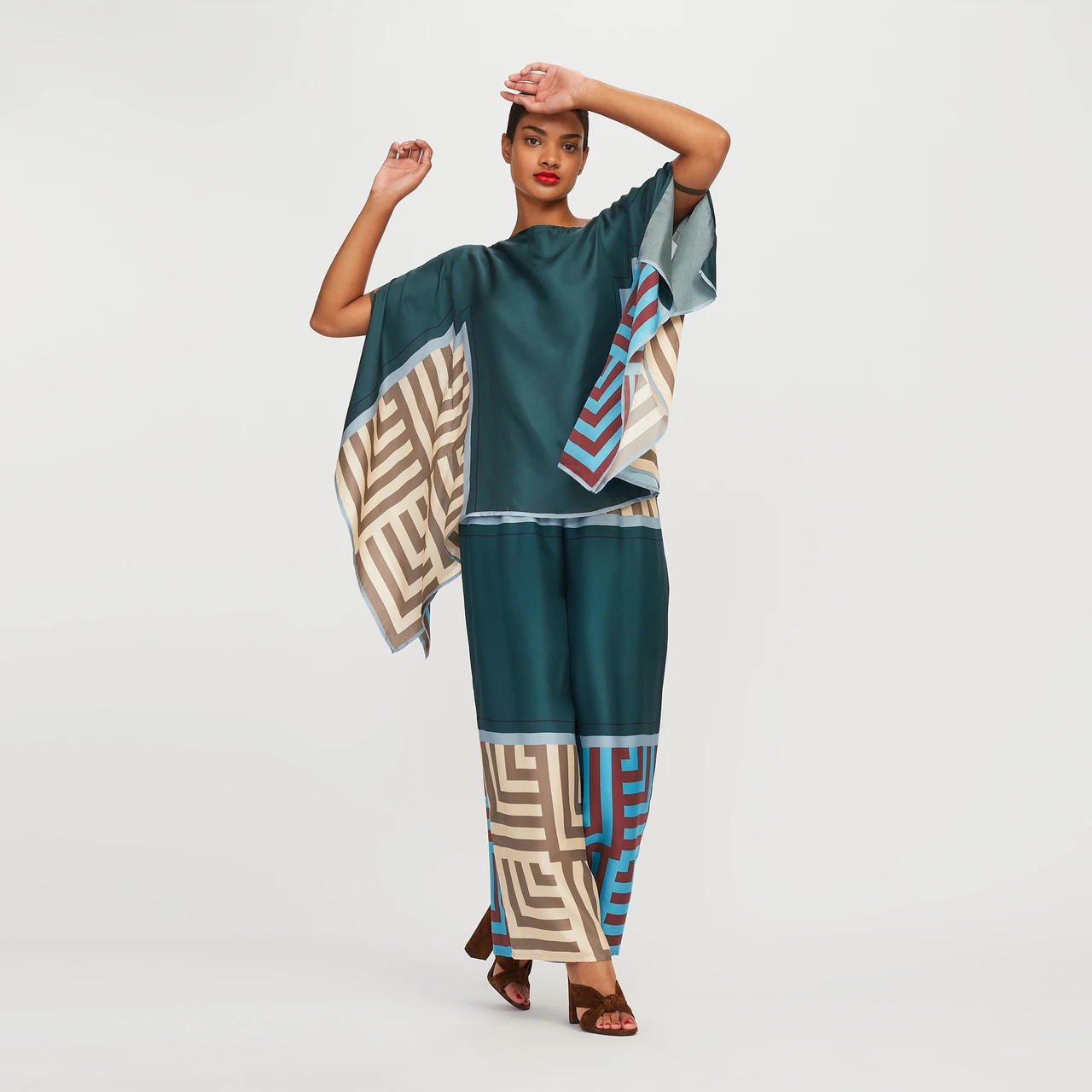 Teal Geometric Silk Co-ord Set (Kaftan Top & Wide-Leg Pants)