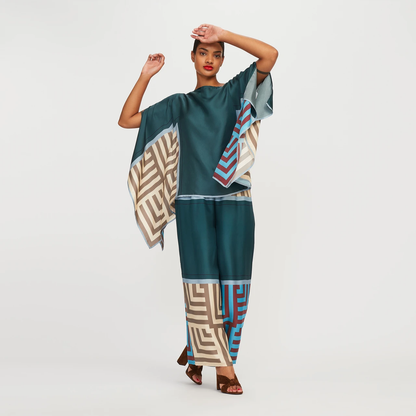 Teal Geometric Silk Co-ord Set (Kaftan Top & Wide-Leg Pants)