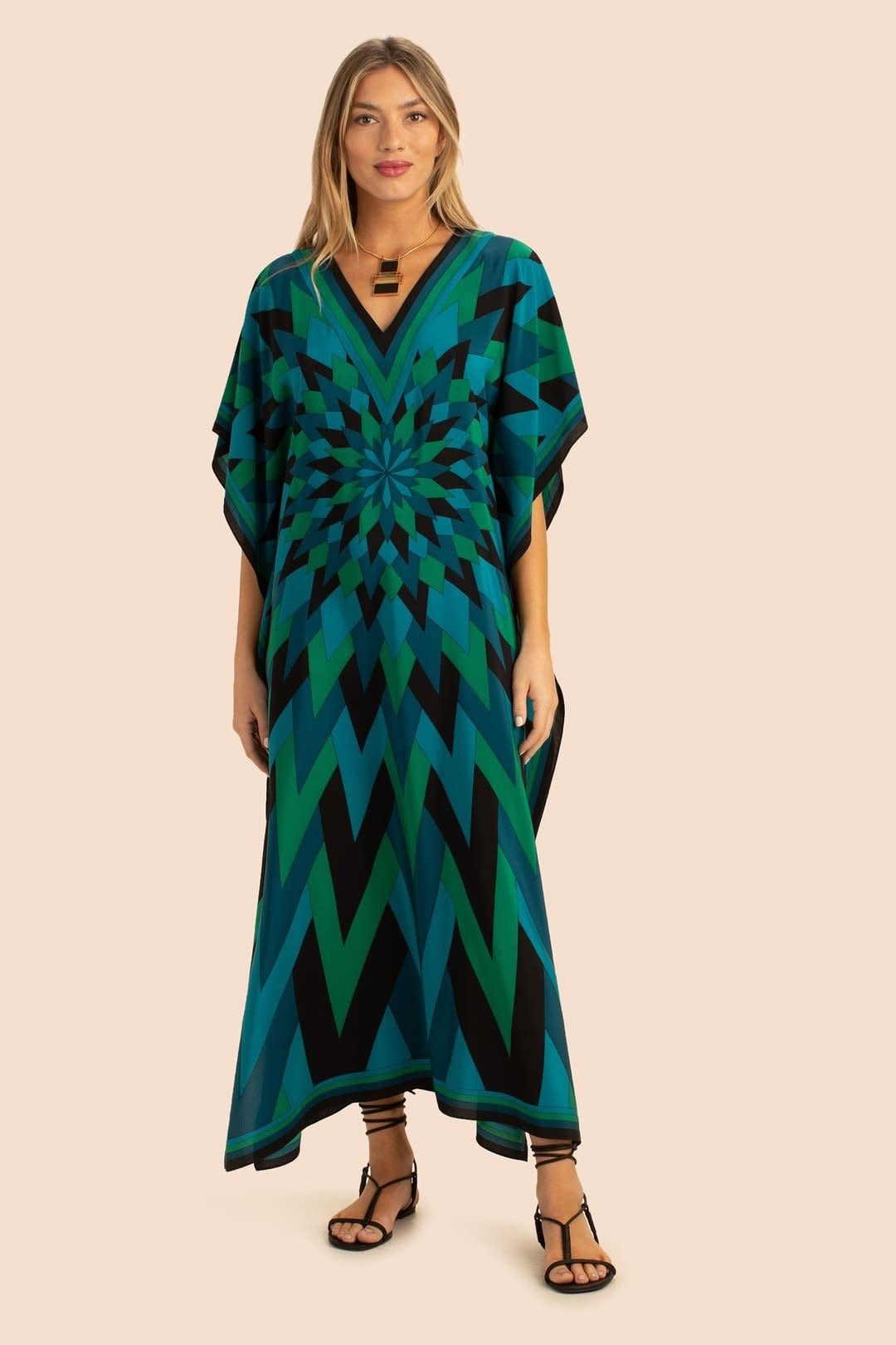 Emerald Mirage Geometric Kaftan Dress – Bold, Modern & Effortlessly Elegant
