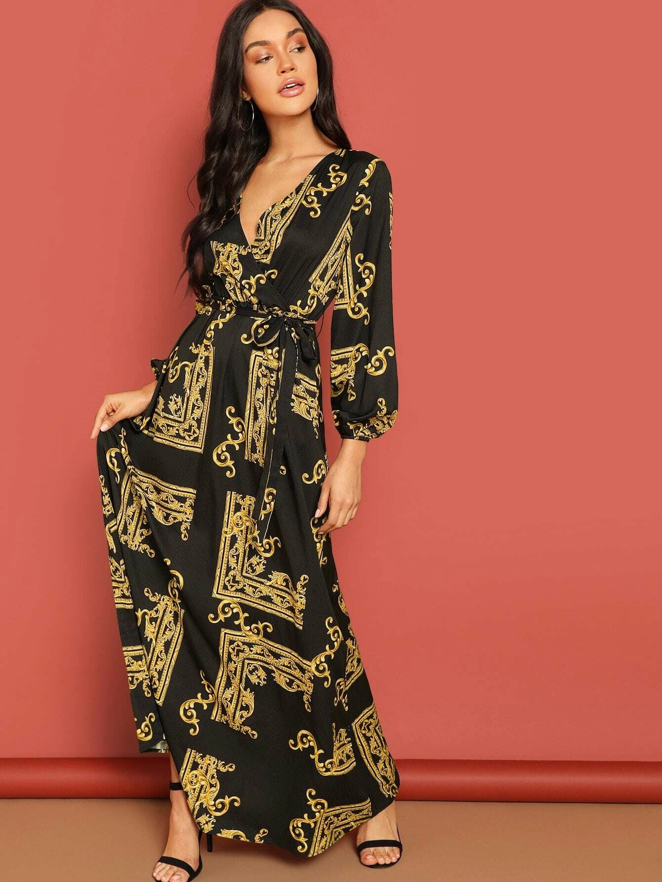 Midnight Muse Wrap Maxi Dress – Baroque Print Elegance
