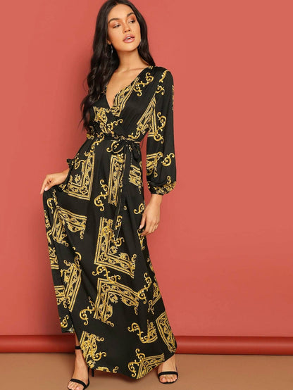 Midnight Muse Wrap Maxi Dress – Baroque Print Elegance