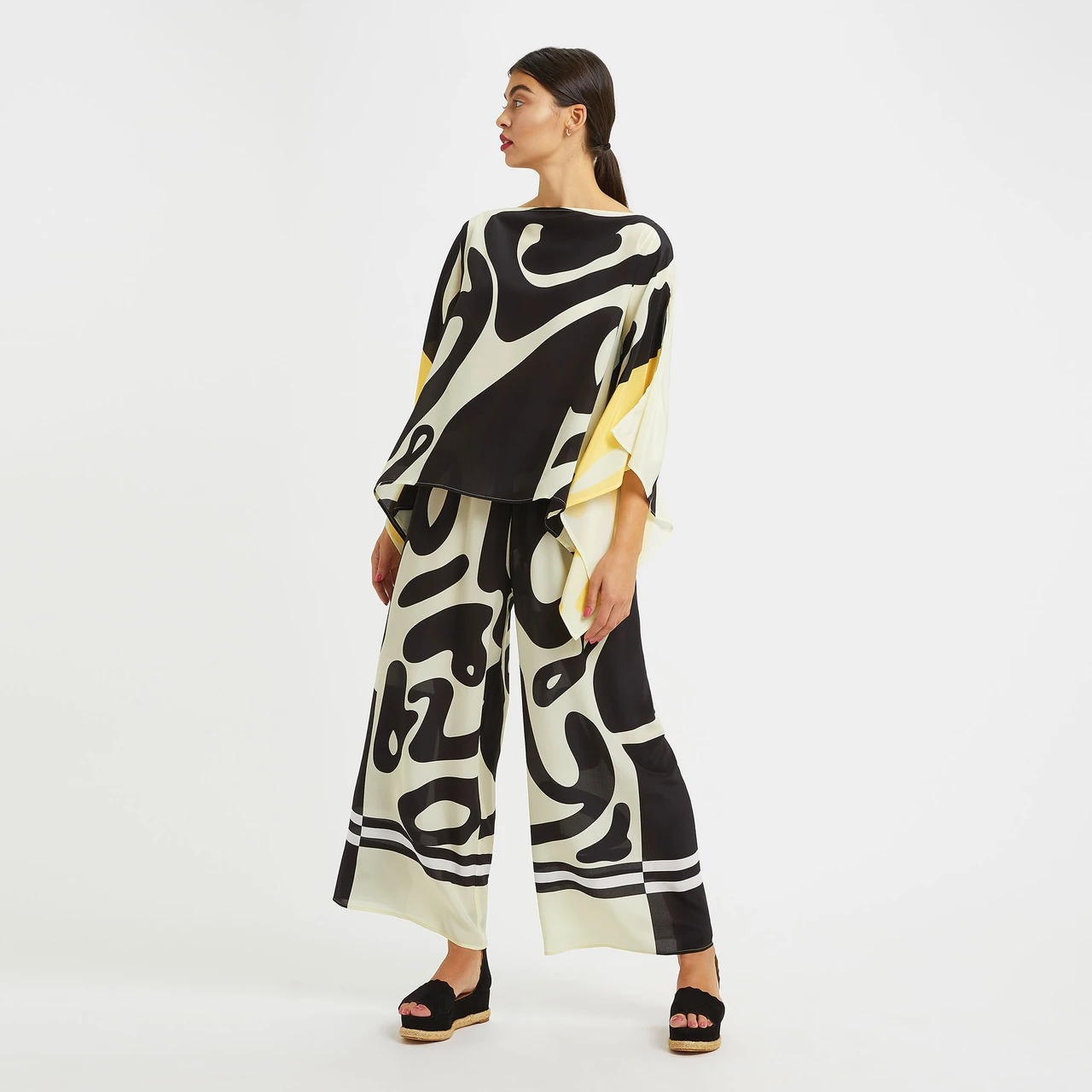Black & Ivory Abstract Silk Co-ord Set (Kaftan Top & Wide-Leg Pants)
